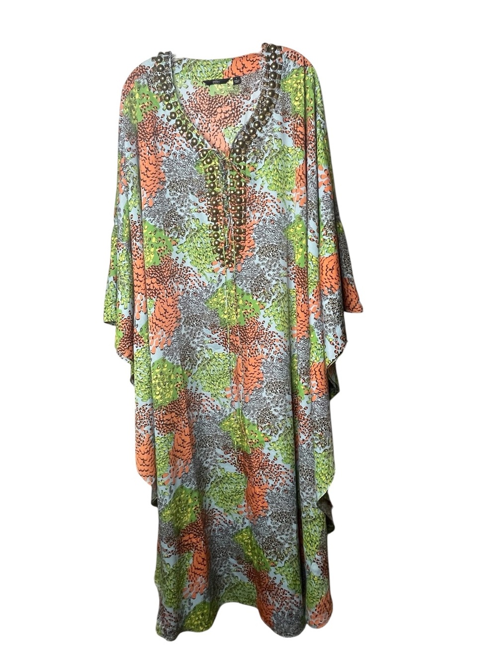 Ash Green Orange Gray Patterned Maxi Dress with Embellished V-Neck
